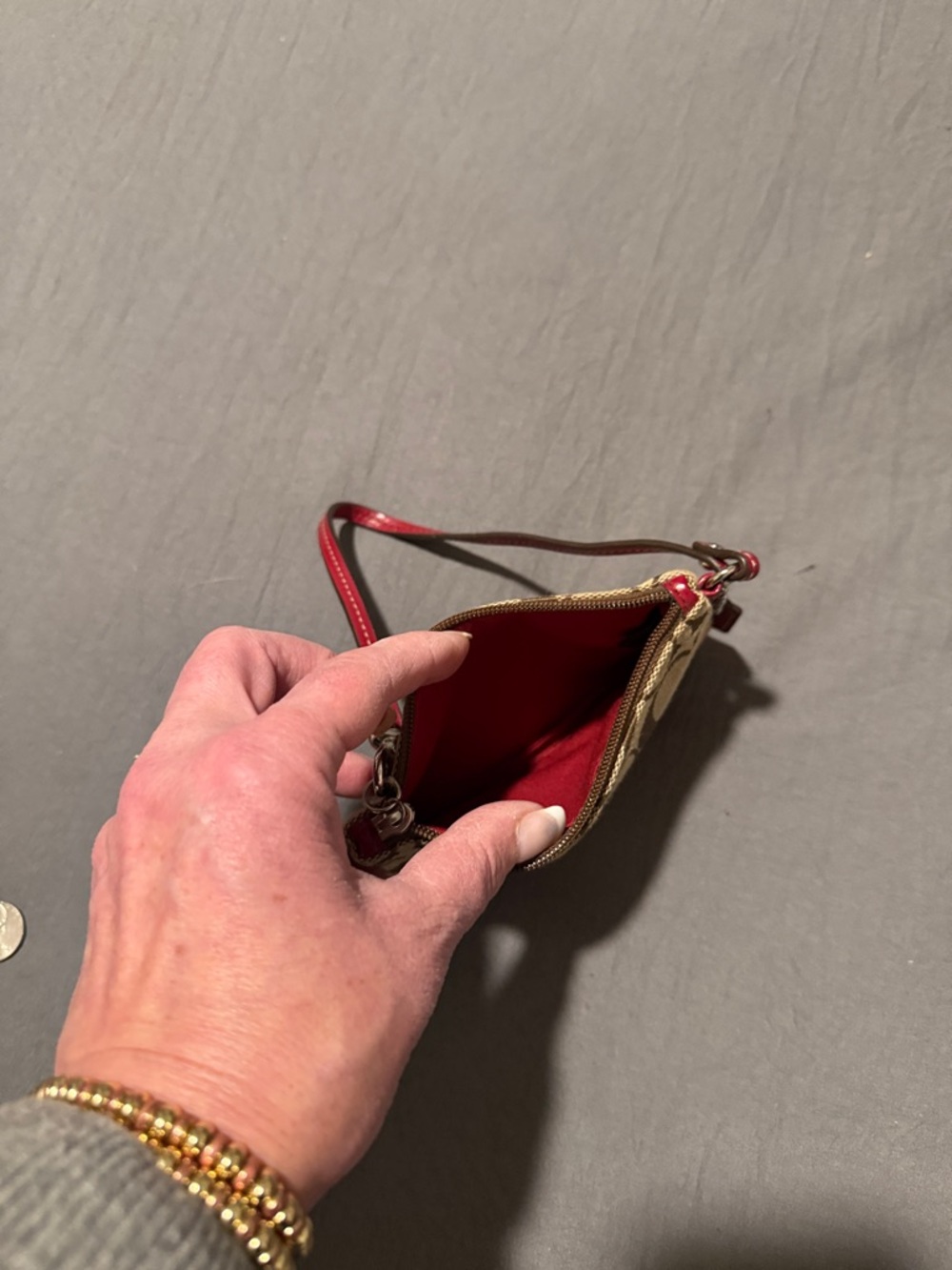 Coach Signature Canvas Wristlet in Red and Khaki/Beige - Picture 5 of 5